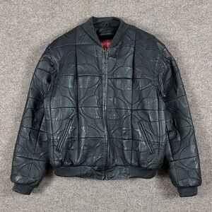 VTG East Side Black Embroidered Leather Bomber Jacket Mens 2XL Geometric Circles